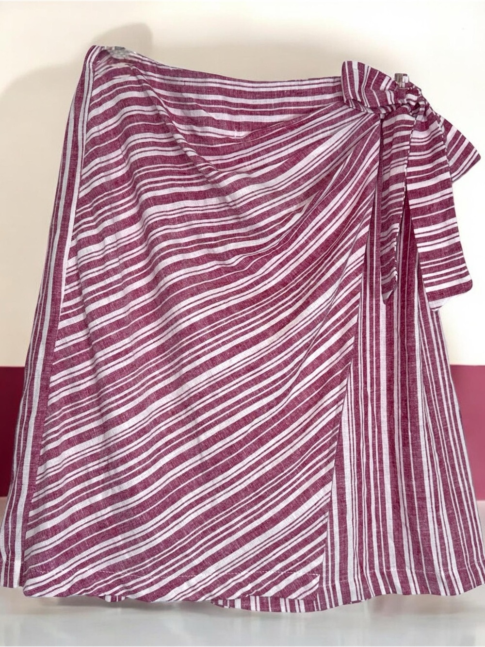 Cato striped Faux Wrap Skirt in Berry & White with side Tie Back Elastic Waist S